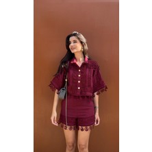 Nakışlı Şort-Gömlek Premium Bordo Takım