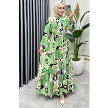 Sefa Merve Flora Desenli Viskon Elbise 7129-05 Yeşil