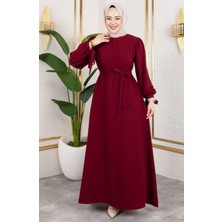 Manşeti Bağcıklı Tesettür Elbise 7121-02 Bordo