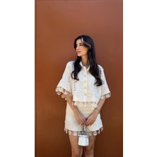 Nakışlı Şort-Gömlek Premium Krem Takım