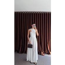 Omuz Detaylı Keten Beyaz Elbise