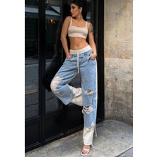 Kadın Tint Haki Lazer Detaylı Skater Jogger Fit Denim Jogger Kot Pantolon Baggy Model