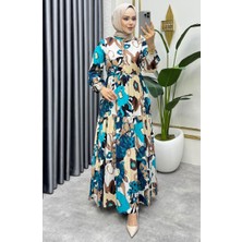 Sefa Merve Flora Desenli Viskon Elbise 7129-02 Petrol