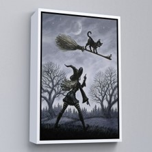 Beyaz Çerçeveli Cadı Süpürgesi ile Uçan Kara Kedi Tablosu, Witches Halloween