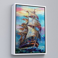 Beyaz Çerçeveli Yağlı Boya Görünümlü Yelkenli Kanvas Tablo