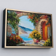 Altın Çerçeveli Renkli Çiçekler Arasındaki Deniz Manzaralı Ev Duvar Tablosu