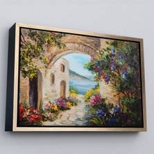 Altın Çerçeveli Deniz Yakınında Ev, Renkli Çiçekler, Deniz Manzaralı Kanvas Duvar Tablosu