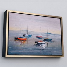 Altın Çerçeveli Deniz ve Yelkenliler Manzarası Yağlıboya Görünüm Dekoratif Kanvas Duvar Tablosu