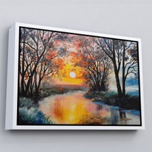 Beyaz Çerçeveli Kış Mevsiminde Karlı Bir Nehir Manzarası Duvar Tablosu