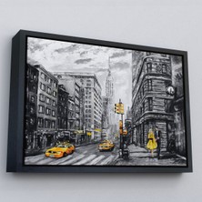 Siyah Çerçeveli New York Sokakları ve Sarı Taksi Yağlıboya Görünüm Tablo