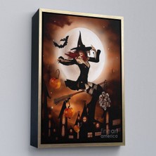 Altın Çerçeveli Süpürge ile Uçan Cadı, Cadılar Bayramı Hediyesi, Hellowen Tablo