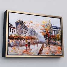 Altın Çerçeveli Paris Sokakları Yağlıboya Görünüm Dekoratif Kanvas Duvar Tablosu