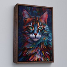 Kahverengi Çerçeveli Renkli Karizmatik Kedi Dekoratif Duvar Tablosu