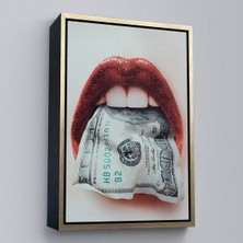 Altın Çerçeveli Ağzın Da Dolar Olan Kadın Duvar Tablosu