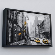 Siyah Çerçeveli New York Sokakları ve Sarı Taksi Yağlıboya Görünüm Kanvas Tablo