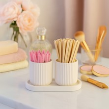 4 Parça El Yapımı Banyo & Makyaj Seti – Dekoratif Tepsili Organizer – Modern Minimalist Seramik Kutular