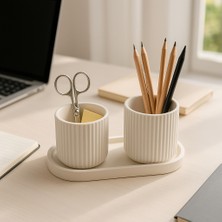 4 Parça El Yapımı Banyo & Makyaj Seti – Dekoratif Tepsili Organizer – Modern Minimalist Seramik Kutular
