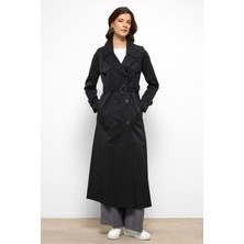 Pelerin Detaylı Su Itici Özellikli Kruvaze Uzun Trençkot Siyah 6761