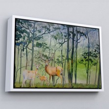 Çerçeveli Geyik Ailesi Suluboya Görünüm Dekoratif Kanvas Duvar TABLOSU-3648