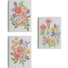 Renkli Çiçekler Suluboya Görünümlü Dekoratif Duvar Tablosu Üçlü SET-EI-108