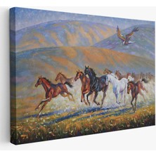 At Sürüsü ve Kartal Yağlıboya Görünüm Dekoratif Kanvas Duvar TABLOSU-3600