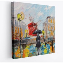 Paris De Yağmur Da Yürüyen Kadın Yağlıboya Görünüm Dekoratif Kanvas Duvar TABLOSU-5844