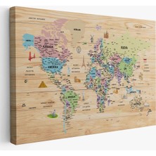 Ahşap Görünümlü Türkçe Dünya Haritası Sembollü Eğitici Kanvas Tablo 2929