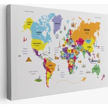 Dünya Haritası Dekoratif Kanvas Tablo Ülke ve Başkentli Öğretici ve Sembollü 2281