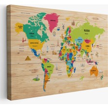 Ahşap Görünümlü Dünya Haritası Dekoratif Kanvas Tablo 2099