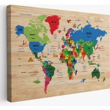 Ahşap Görünümlü Türkçe Dünya Haritası Dekoratif Kanvas Tablo 2110