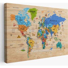 Ahşap Görünümlü Dünya Haritası Sembollü Eğitici Dekoratif Kanvas Tablo 2956