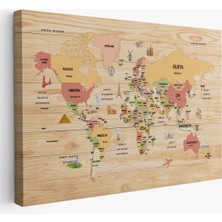 Ahşap Görünümlü Türkçe Dünya Haritası Dekoratif Kanvas Tablo 2088
