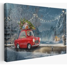 Noel Baba ve Küçük Kırmızı Retro Arabası Kanvas Duvar TABLOSU-3752