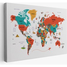 Dünya Haritası Dekoratif Kanvas Tablo Ülke ve Başkentli Öğretici ve Sembollü 2291