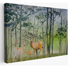 Geyik Ailesi Suluboya Görünüm Dekoratif Kanvas Duvar TABLOSU-3648