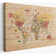 Ahşap Görünümlü Dünya Haritası Sembollü Eğitici Dekoratif Kanvas Tablo 2930