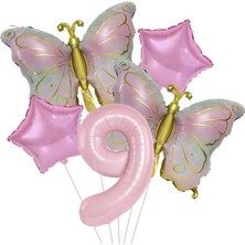 Gold Kelebekli Pembe 9 Yaş Rakam Balon Set