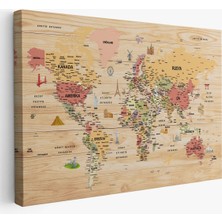Ahşap Görünümlü Türkçe Dünya Haritası Sembollü Eğitici Kanvas Tablo 2931