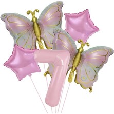 Gold Kelebekli Pembe 7 Yaş Rakam Balon Set