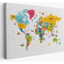 Dünya Haritası Dekoratif Kanvas Tablo Ülke ve Başkentli Öğretici ve Sembollü 2317