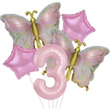 Gold Kelebekli Pembe 3 Yaş Rakam Balon Set