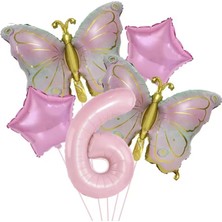 Gold Kelebekli Pembe 6 Yaş Rakam Balon Set