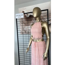 Pembe Sırtı Dekolteli Etekli - Büstiyer Takım