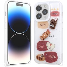 Apple iPhone 14 Pro Max Kılıf Parlayan Sıvılı Simli Kabartma Figürlü Xemu Cevze Kapak-Beyaz