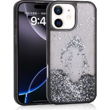 iPhone 12 Uyumlu Kılıf Sıvılı Simli Şeffaf Arka Yüzey Xemu Keto Silikon Kapak-Siyah