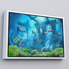 Beyaz Çerçeveli Su Altı Manzarası Yağlıboya Görünüm Dekoratif Kanvas Duvar Tablosu