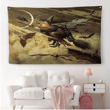 Süpürge Ile Uçan Cadı ve Kedisi Cadılar Bayramı Helloven Duvar Örtüsü-Halısı -6559