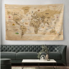 Ahşap Görünümlü Türkçe Eğitici Detaylı Atlası Dekoratif Dünya Haritası Duvar Örtüsü-Halısı 3843