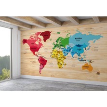 Ingilizce Dünya Haritası Duvar Kağıdı Ahşap Görünümlü Detaylı -1881