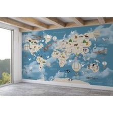 Dünya Haritası Çocuk ve Bebek Odası Hayvanlar Alemi Duvar KAĞIDI-3827